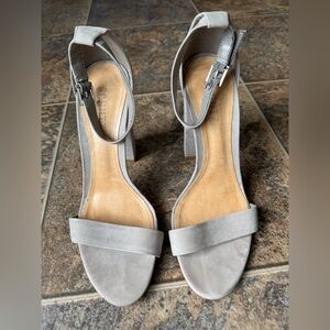Schutz Block High Heel Ankle Strap Suede Leather Sandals- Gray, Women’s 8B